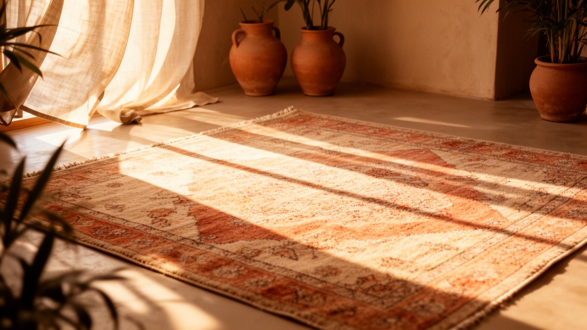 Handmade Indian rug in warm sunlight