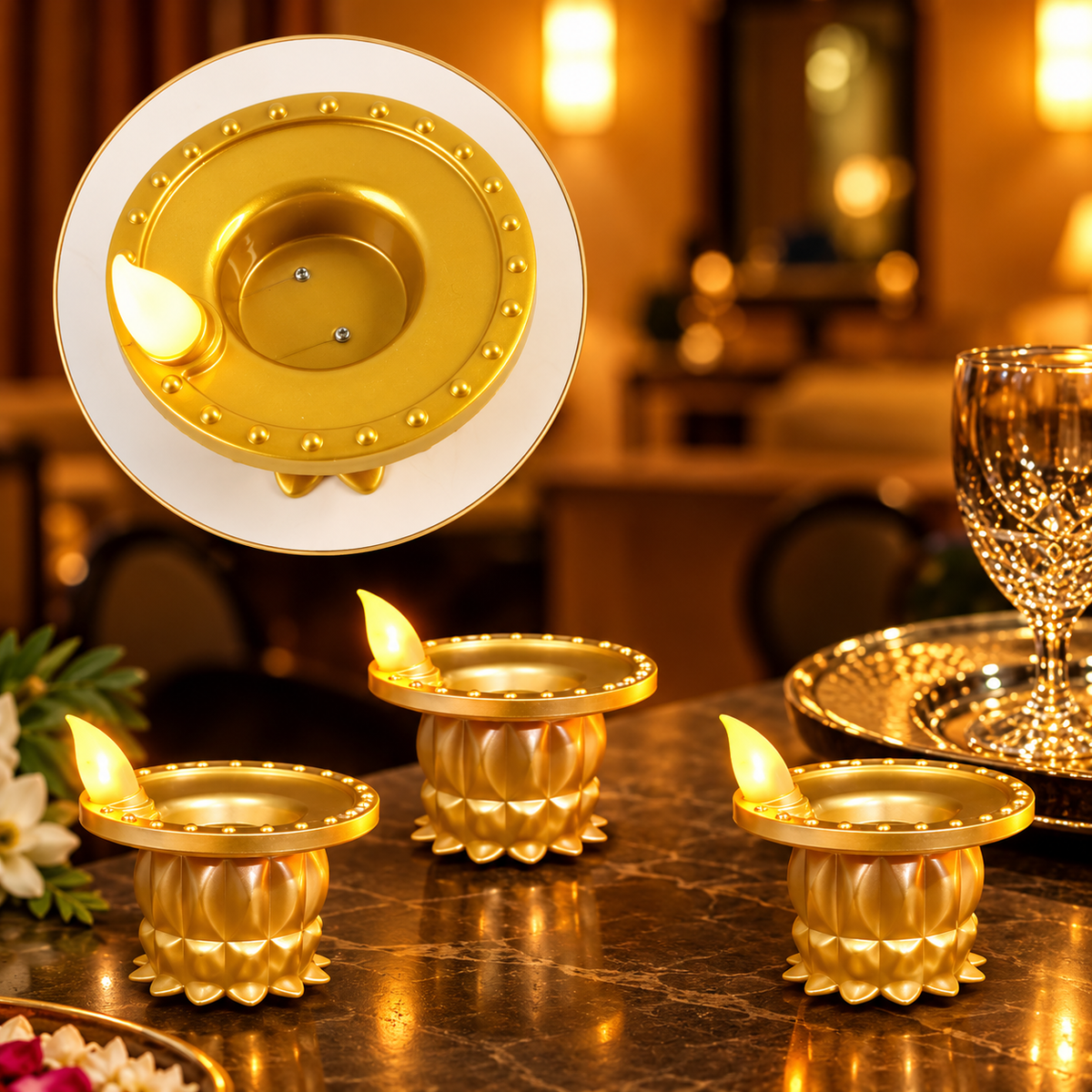 Golden Glow Water-Activated LED Diyas – Set of 12