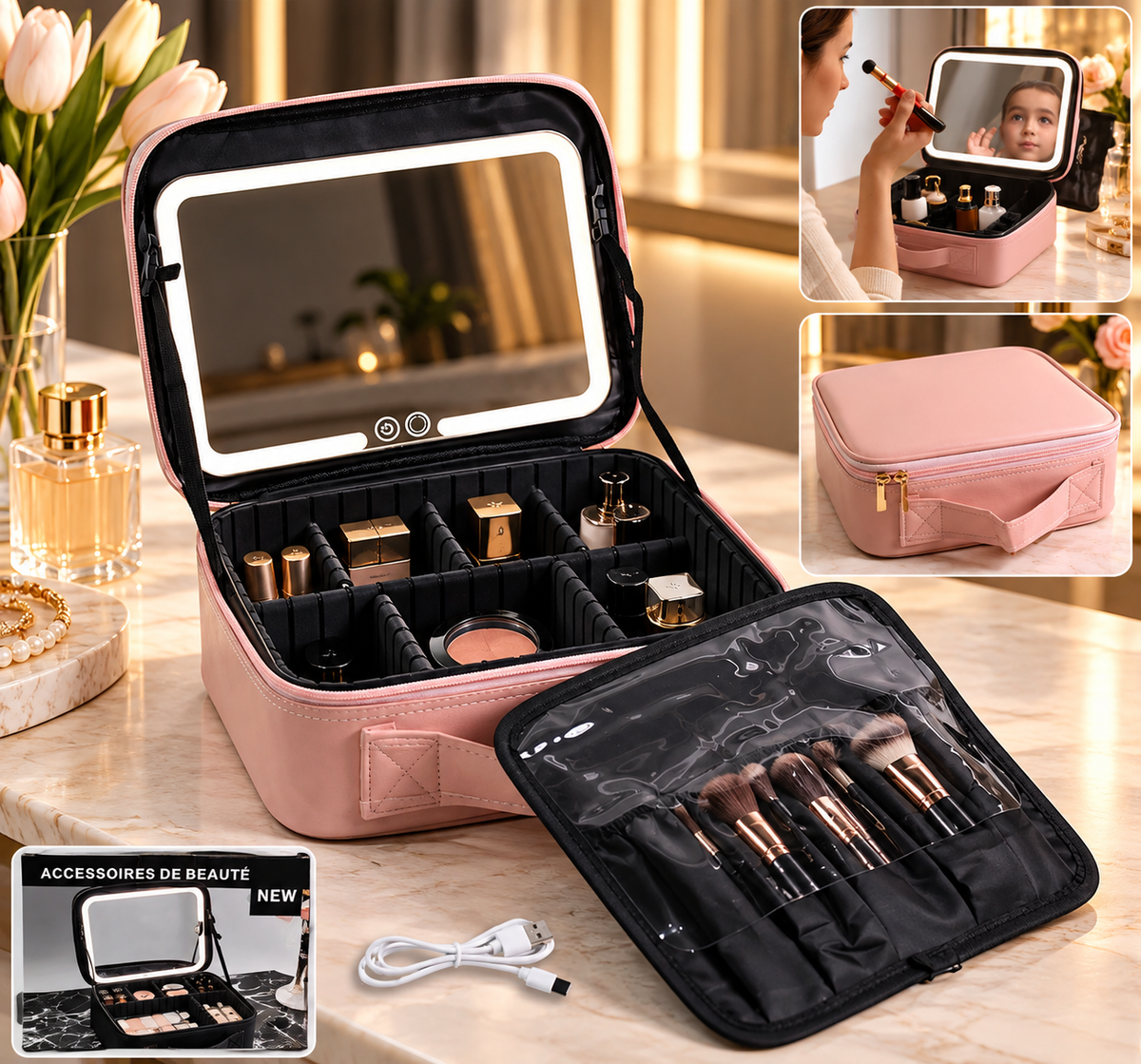 LED Vanity Makeup Organizer with Touch Mirror